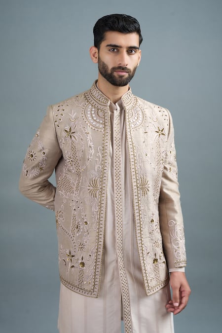 Gargee Designers Beige Silk Embroidery Surya Jacket And Kurta Set at Aza Fashions Gargee Designers_Beige Silk Embroidery Surya Jacket And Kurta Set _at_Aza_Fashions