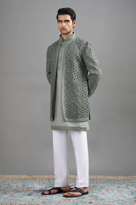 Shop Gargee Designers Green Suede Cut Work Vana Jacket And Kurta Set Online at Aza Fashions Shop_Gargee Designers_Green Suede Cut Work Vana Jacket And Kurta Set _Online_at_Aza_Fashions