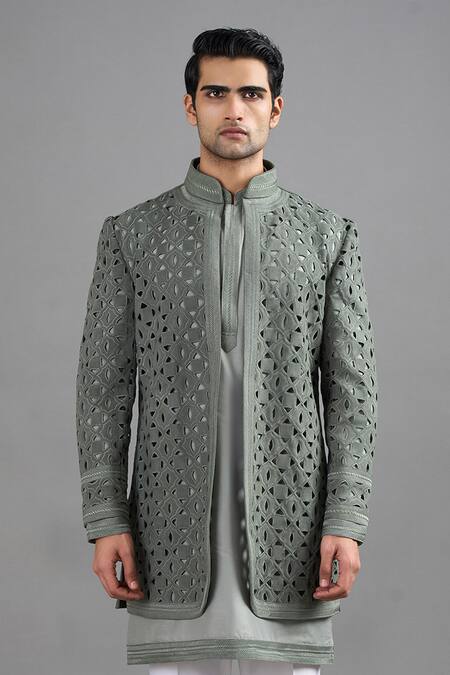 Gargee Designers Green Suede Cut Work Vana Jacket And Kurta Set at Aza Fashions Gargee Designers_Green Suede Cut Work Vana Jacket And Kurta Set _at_Aza_Fashions