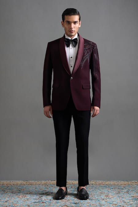 Buy Gargee Designers Wine Polyester Embroidery Amrit Tuxedo Pant Set Online at Aza Fashions Buy_Gargee Designers_Wine Polyester Embroidery Amrit Tuxedo Pant Set _Online_at_Aza_Fashions