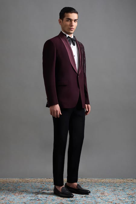 Shop Gargee Designers Wine Polyester Embroidery Amrit Tuxedo Pant Set Online at Aza Fashions Shop_Gargee Designers_Wine Polyester Embroidery Amrit Tuxedo Pant Set _Online_at_Aza_Fashions