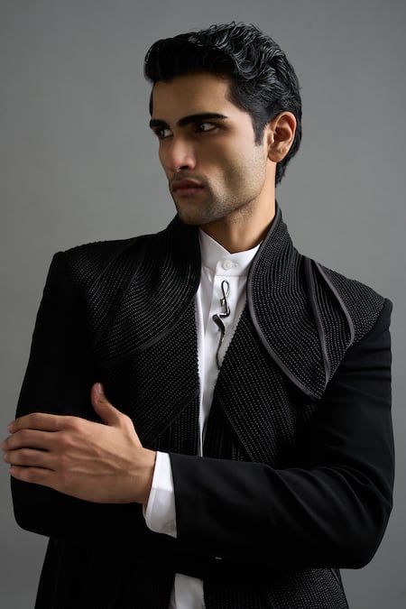 Shop Gargee Designers Black Polyester Brooches, Beads Aditya Tuxedo Pant Set Online at Aza Fashions Shop_Gargee Designers_Black Polyester Brooches, Beads Aditya Tuxedo Pant Set _Online_at_Aza_Fashions