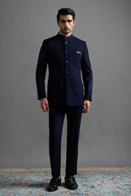 Shop Gargee Designers Navy Polyester Embroidery, Brooches Shyamalraj Jodhpuri Pant Set Online at Aza Fashions Shop_Gargee Designers_Navy Polyester Embroidery, Brooches Shyamalraj Jodhpuri Pant Set _Online_at_Aza_Fashions