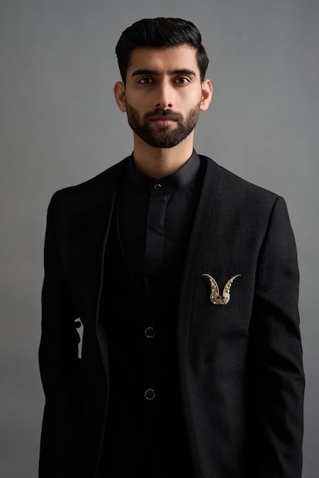 Shop Gargee Designers Black Jacquard Brooches Viraat Jacket And Trouser Set Online at Aza Fashions Shop_Gargee Designers_Black Jacquard Brooches Viraat Jacket And Trouser Set _Online_at_Aza_Fashions