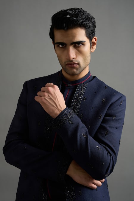 Gargee Designers Navy Jacquard Embroidery Anantya Jacket And Trouser Set Online at Aza Fashions Gargee Designers_Navy Jacquard Embroidery Anantya Jacket And Trouser Set _Online_at_Aza_Fashions