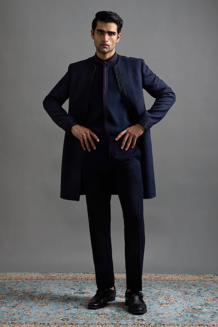 Shop Gargee Designers Navy Jacquard Embroidery Anantya Jacket And Trouser Set Online at Aza Fashions Shop_Gargee Designers_Navy Jacquard Embroidery Anantya Jacket And Trouser Set _Online_at_Aza_Fashions