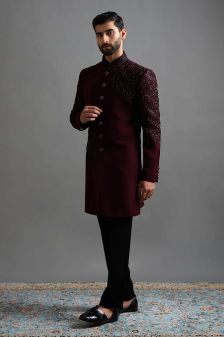 Gargee Designers Wine Polyester Embroidery Rajatva Bandhgala Pant Set Online at Aza Fashions Gargee Designers_Wine Polyester Embroidery Rajatva Bandhgala Pant Set _Online_at_Aza_Fashions