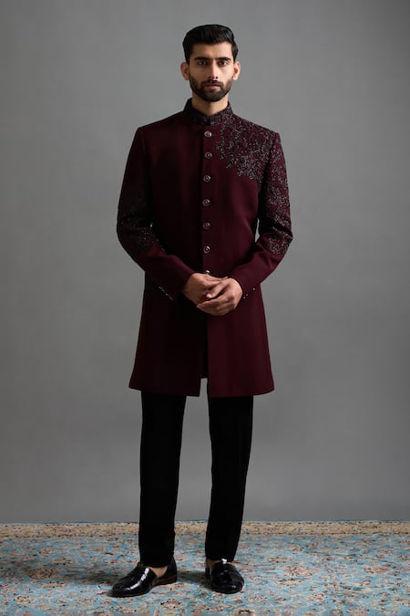 Buy Gargee Designers Wine Polyester Embroidery Rajatva Bandhgala Pant Set Online at Aza Fashions Buy_Gargee Designers_Wine Polyester Embroidery Rajatva Bandhgala Pant Set _Online_at_Aza_Fashions