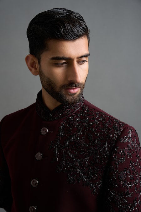 Shop Gargee Designers Wine Polyester Embroidery Rajatva Bandhgala Pant Set Online at Aza Fashions Shop_Gargee Designers_Wine Polyester Embroidery Rajatva Bandhgala Pant Set _Online_at_Aza_Fashions