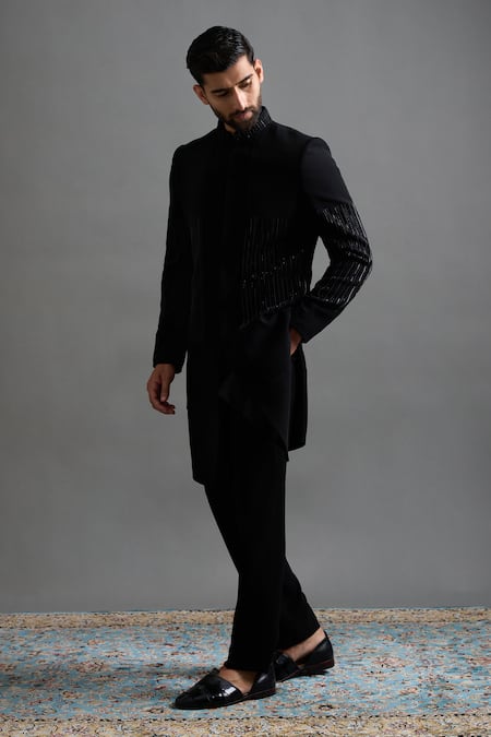 Gargee Designers_Black Polyester Cut Work, Embroidery Abhinav Sherwani Pant Set _Online_at_Aza_Fashions