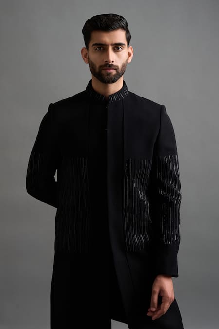 Buy_Gargee Designers_Black Polyester Cut Work, Embroidery Abhinav Sherwani Pant Set _Online_at_Aza_Fashions