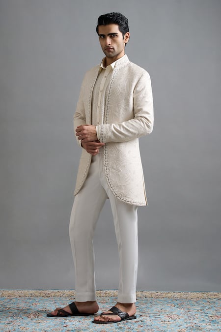 Gargee Designers_Ivory Jacquard Embroidery Shubhra Jacket Pant Set _Online_at_Aza_Fashions