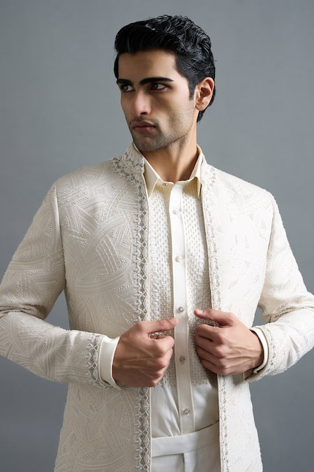 Shop_Gargee Designers_Ivory Jacquard Embroidery Shubhra Jacket Pant Set _Online_at_Aza_Fashions