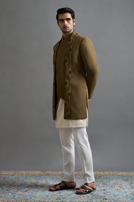 Gargee Designers Olive Green Polyester Embroidery Aranya Flap Lapel Jacket Pant Set Online at Aza Fashions Gargee Designers_Olive Green Polyester Embroidery Aranya Flap Lapel Jacket Pant Set _Online_at_Aza_Fashions