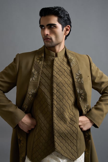 Buy Gargee Designers Olive Green Polyester Embroidery Aranya Flap Lapel Jacket Pant Set Online at Aza Fashions Buy_Gargee Designers_Olive Green Polyester Embroidery Aranya Flap Lapel Jacket Pant Set _Online_at_Aza_Fashions