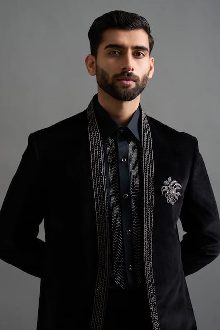 Gargee Designers Black Velvet Embroidery, Brooches Veeraj Long Jacket Pant Set Online at Aza Fashions Gargee Designers_Black Velvet Embroidery, Brooches Veeraj Long Jacket Pant Set _Online_at_Aza_Fashions