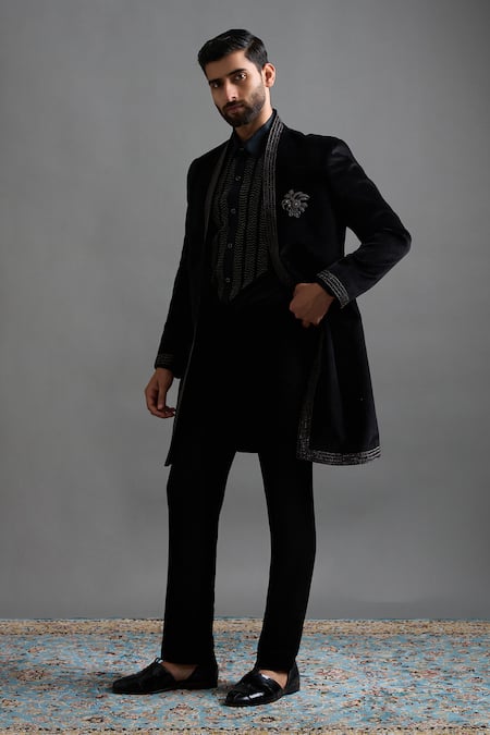 Buy Gargee Designers Black Velvet Embroidery, Brooches Veeraj Long Jacket Pant Set Online at Aza Fashions Buy_Gargee Designers_Black Velvet Embroidery, Brooches Veeraj Long Jacket Pant Set _Online_at_Aza_Fashions