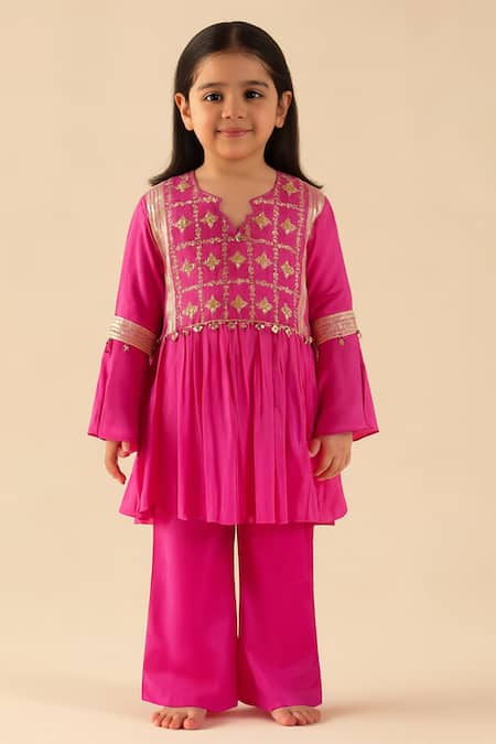 Tiny Pants Pink Cotton, Georgette Embroidery, Mirrors, Tassels Kurta With Pant Online at Aza Fashions Tiny Pants_Pink Cotton, Georgette Embroidery, Mirrors, Tassels Kurta With Pant _Online_at_Aza_Fashions
