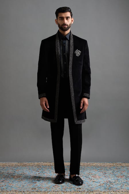 Shop Gargee Designers Black Velvet Embroidery, Brooches Veeraj Long Jacket Pant Set Online at Aza Fashions Shop_Gargee Designers_Black Velvet Embroidery, Brooches Veeraj Long Jacket Pant Set _Online_at_Aza_Fashions