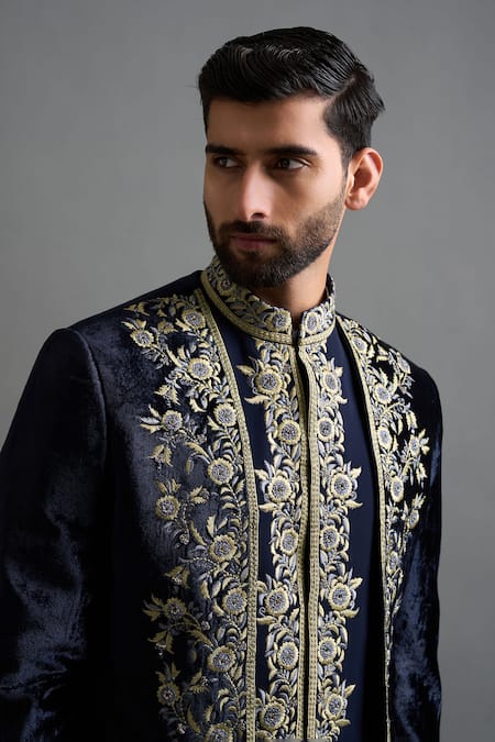 Gargee Designers Navy Velvet Embroidery, Metallic Thread Viraasat Long Jacket Pant Set Online at Aza Fashions Gargee Designers_Navy Velvet Embroidery, Metallic Thread Viraasat Long Jacket Pant Set _Online_at_Aza_Fashions