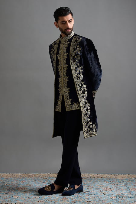Buy Gargee Designers Navy Velvet Embroidery, Metallic Thread Viraasat Long Jacket Pant Set Online at Aza Fashions Buy_Gargee Designers_Navy Velvet Embroidery, Metallic Thread Viraasat Long Jacket Pant Set _Online_at_Aza_Fashions