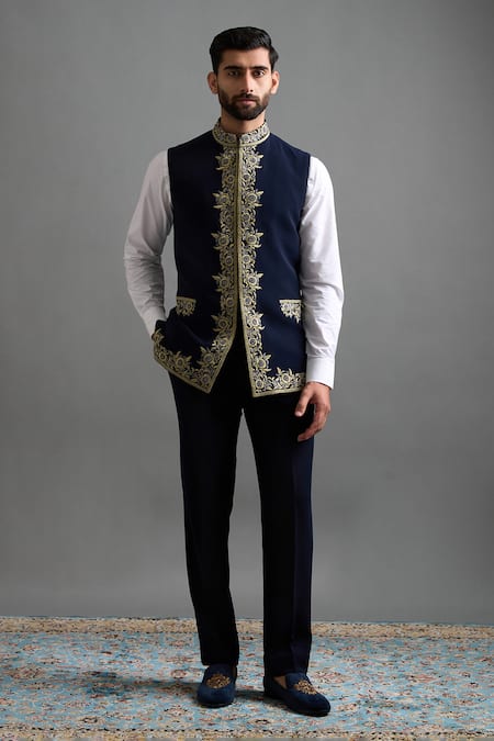 Shop Gargee Designers Navy Velvet Embroidery, Metallic Thread Viraasat Long Jacket Pant Set Online at Aza Fashions Shop_Gargee Designers_Navy Velvet Embroidery, Metallic Thread Viraasat Long Jacket Pant Set _Online_at_Aza_Fashions