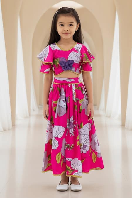 Fayon Kids Pink Printed Top With Lehenga 