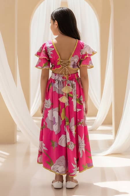 Fayon Kids Pink Printed Top With Lehenga 