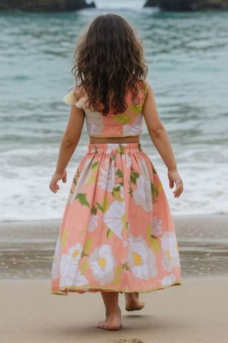 Fayon Kids Orange Printed Top With Lehenga 