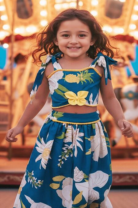 Fayon Kids Blue Cotton Bows, Piping, Lace, Pom-poms Floral Printed Top With Lehenga Online at Aza Fashions Fayon Kids_Blue Cotton Bows, Piping, Lace, Pom-poms Floral Printed Top With Lehenga _Online_at_Aza_Fashions
