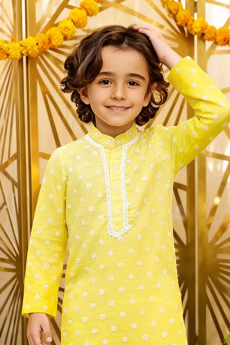Fayon Kids_Yellow Chanderi, Crepe Embroidery, Lace Ombre Kurta With Salwar _Online_at_Aza_Fashions