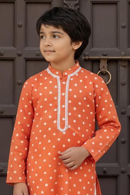 Fayon Kids_Orange Chanderi, Cotton, Crepe Embroidery, Lace Ombre Kurta With Salwar _Online_at_Aza_Fashions