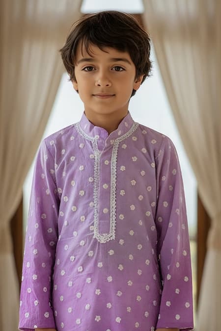Fayon Kids_Purple Chanderi, Crepe Embroidery, Lace Ombre Kurta With Salwar _Online_at_Aza_Fashions