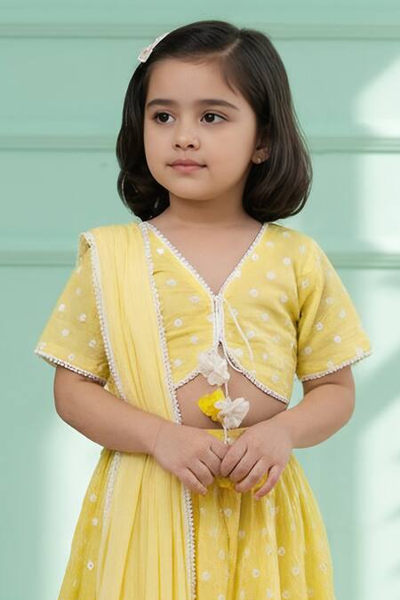 Fayon Kids_Yellow Chanderi, Cotton Embroidery, Lace, Tassels Ombre Lehenga Set _Online_at_Aza_Fashions