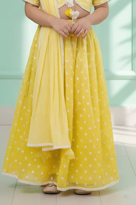 Buy_Fayon Kids_Yellow Chanderi, Cotton Embroidery, Lace, Tassels Ombre Lehenga Set _Online_at_Aza_Fashions