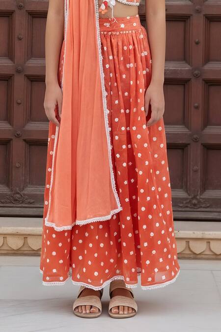 Buy_Fayon Kids_Orange Chanderi, Cotton Embroidery, Lace, Tassels Ombre Lehenga Blouse Set _Online_at_Aza_Fashions