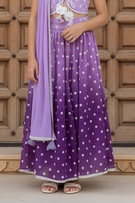 Fayon Kids_Lilac Chanderi, Cotton Embroidery, Lace, Tassels Ombre Lehenga Blouse Set _Online_at_Aza_Fashions