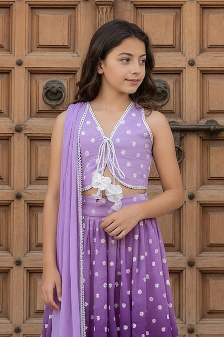Buy_Fayon Kids_Lilac Chanderi, Cotton Embroidery, Lace, Tassels Ombre Lehenga Blouse Set _Online_at_Aza_Fashions