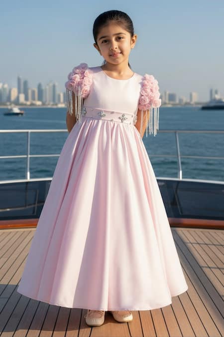 Fayon Kids Pink Satin Fabric Flowers, Tassels Placement Floral Applique Gown 