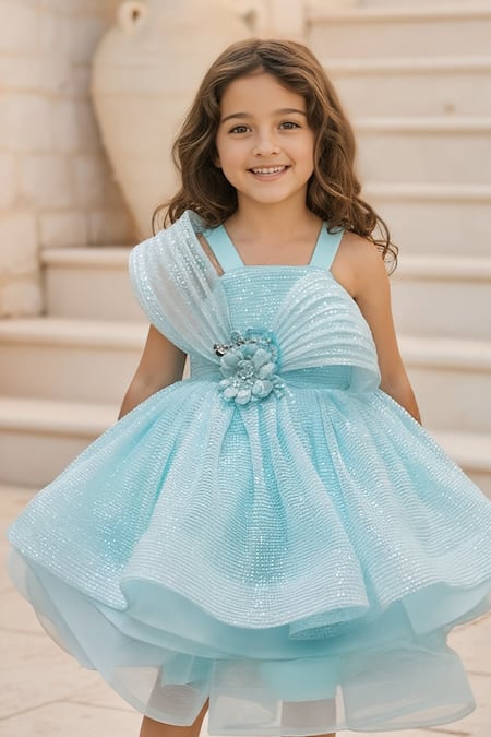 Fayon Kids Blue Net Sequins, Fabric Flowers, Pearls Embroidered Dress Online at Aza Fashions Fayon Kids_Blue Net Sequins, Fabric Flowers, Pearls Embroidered Dress _Online_at_Aza_Fashions