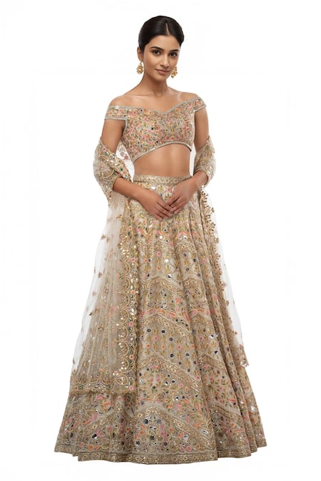 Tamanna Punjabi Kapoor Off White Net One Shoulder Embroidered Bridal Lehenga Set 