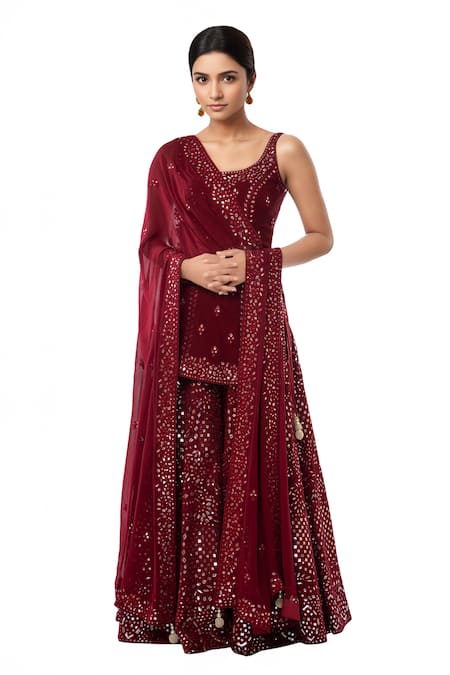Tamanna Punjabi Kapoor Maroon Georgette Round Embroidered Kurta Sharara Set 