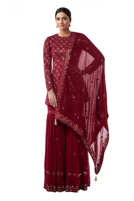 Tamanna Punjabi Kapoor Maroon Georgette Round Embroidered Kurta Sharara Set 