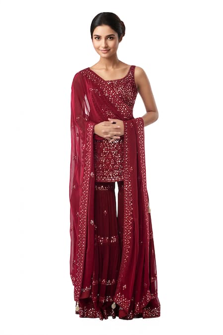 Tamanna Punjabi Kapoor Maroon Georgette Round Embroidered Kurta Sharara Set 