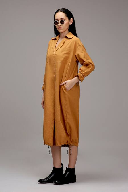 Buy_MATI_1_Brown Cotton Collared, V-neck Midi Dress _Online_at_Aza_Fashions