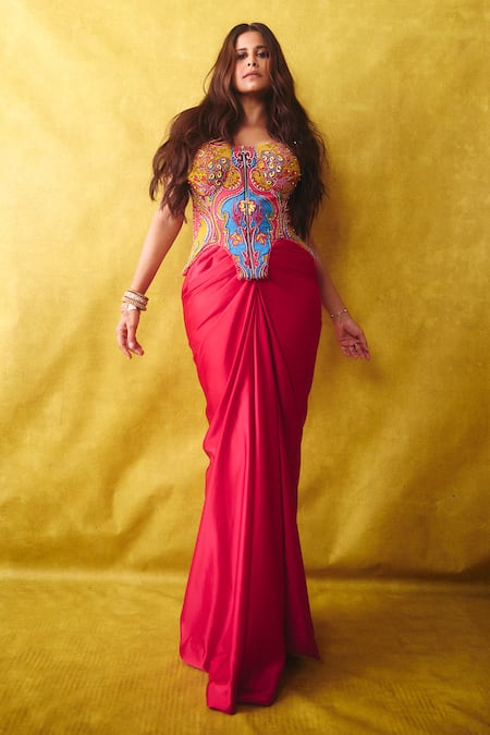 Label Moni K_Yellow Georgette, Satin Embroidery, Gypsy Embellished Top With Draped Skirt _Online_at_Aza_Fashions