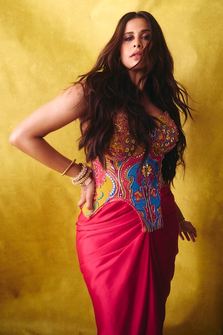 Buy_Label Moni K_Yellow Georgette, Satin Embroidery, Gypsy Embellished Top With Draped Skirt _Online_at_Aza_Fashions