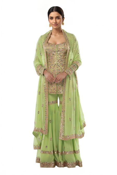 Tamanna Punjabi Kapoor Green Georgette Sweetheart Neck Embroidered Kurta Sharara Set 