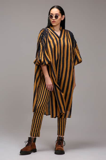 Shop MATI_1 Brown Cotton V-neck, Collared Long Striped Tunic Online at Aza Fashions Shop_MATI_1_Brown Cotton V-neck, Collared Long Striped Tunic _Online_at_Aza_Fashions