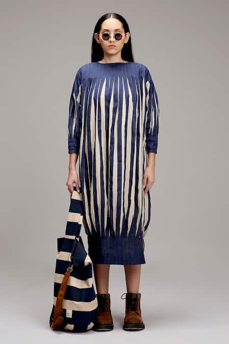 MATI_1 Off White Cotton Round Neck Striped Pleated Midi Dress Online at Aza Fashions MATI_1_Off White Cotton Round Neck Striped Pleated Midi Dress _Online_at_Aza_Fashions